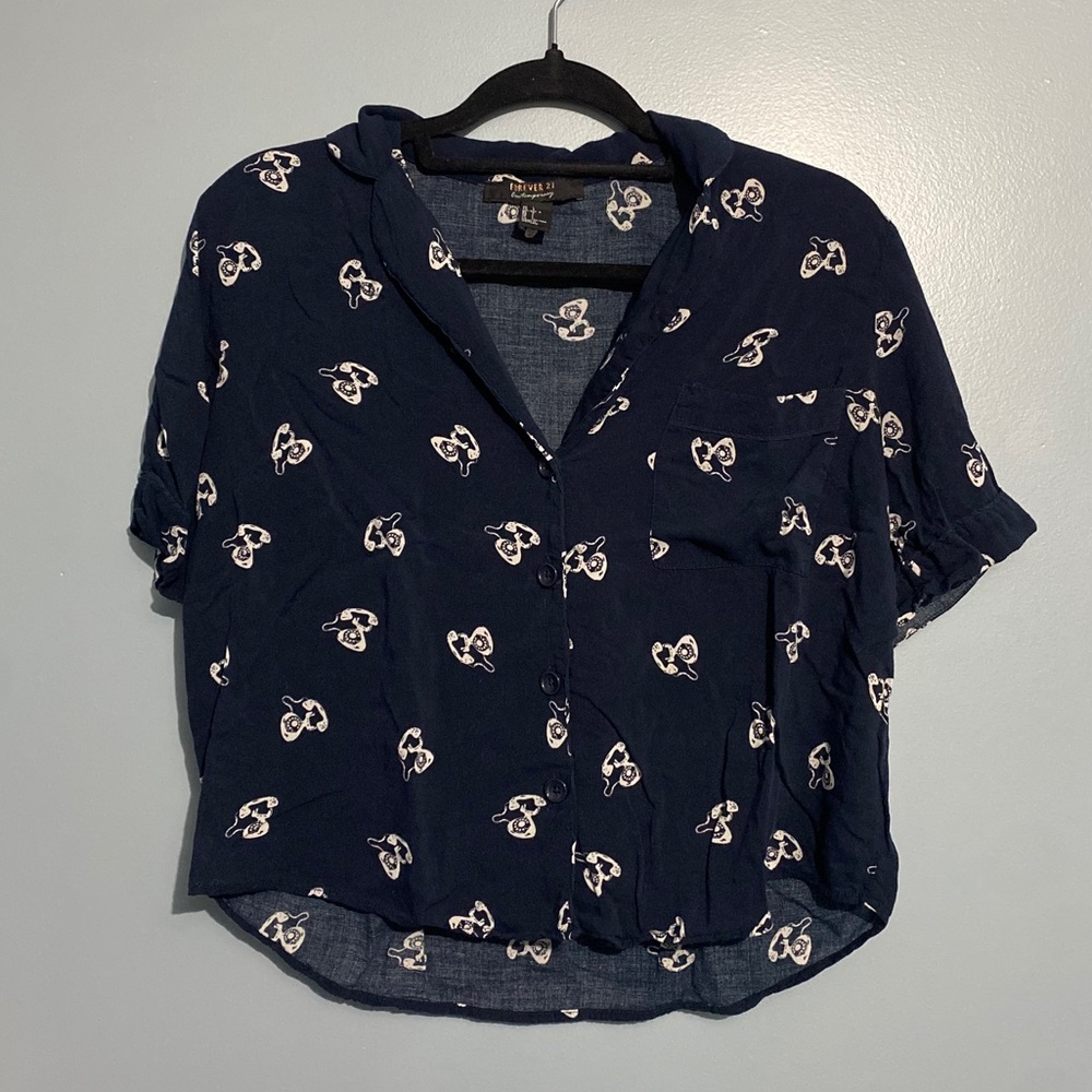 Rotary phone print button down blouse